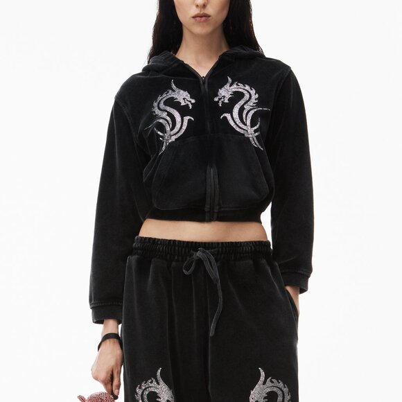 Alexander Wang Shrunken Zip Hoodie Crystal Dragon Washed Pepper Size XXS NEW NWT - Picture 1 of 13